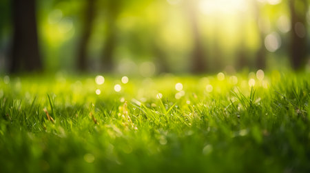 Bright spring grass field with sunlight bokeh background. Generative AIの素材