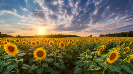 Agricultural field with yellow sunflowers against the sky with clouds. Generative AIの素材