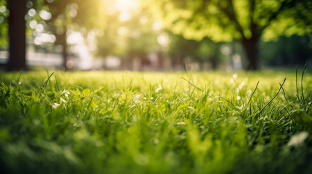 Bright spring grass field with sunlight bokeh background. Generative AIの素材