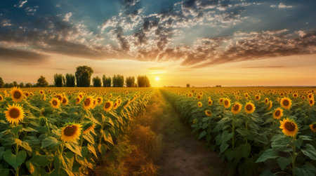 Agricultural field with yellow sunflowers against the sky with clouds. Generative AIの素材