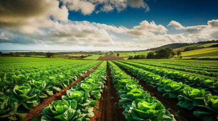 Landscape view of a freshly growing cabbage field. Generative AIの素材