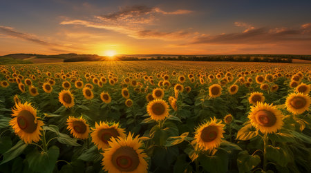 Agricultural field with yellow sunflowers against the sky with clouds. Generative AIの素材