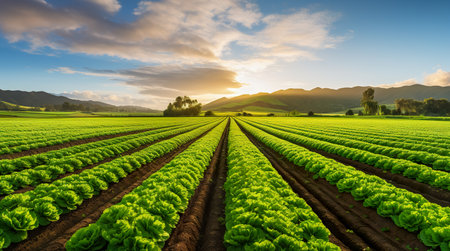 Landscape view of a freshly growing cabbage field. Generative AIの素材