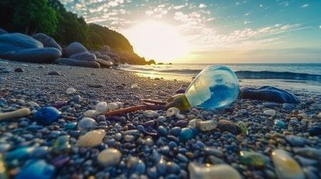 Plastic pollution in ocean. Problem plastic bottles and microplastics on beach. Marine plastic pollution concept. Generative AIの素材