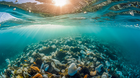 Plastic pollution in ocean. Problem plastic bottles and microplastics floating in the open ocean. Marine plastic pollution concept. Generative AIの素材