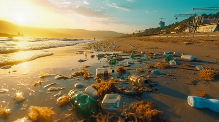 Plastic pollution in ocean. Problem plastic bottles and microplastics on beach. Marine plastic pollution concept. Generative AIの素材