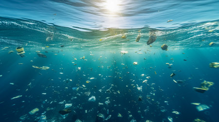 Plastic pollution in ocean. Problem plastic bottles and microplastics floating in the open ocean. Marine plastic pollution concept. Generative AIの素材