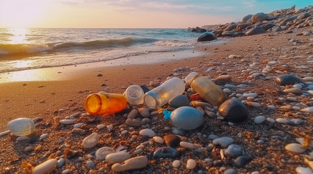 Plastic pollution in ocean. Problem plastic bottles and microplastics on beach. Marine plastic pollution concept. Generative AIの素材