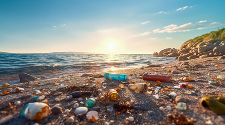 Plastic pollution in ocean. Problem plastic bottles and microplastics on beach. Marine plastic pollution concept. Generative AIの素材