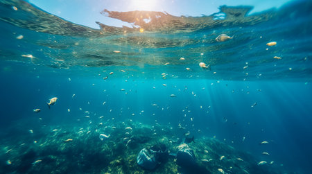 Plastic pollution in ocean. Problem plastic bottles and microplastics floating in the open ocean. Marine plastic pollution concept. Generative AIの素材