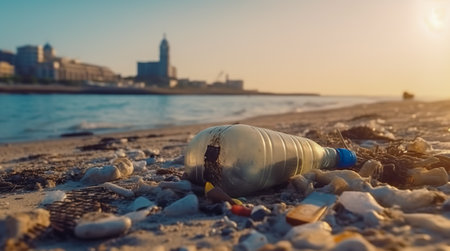 Plastic pollution in ocean. Problem plastic bottles and microplastics on beach. Marine plastic pollution concept. Generative AIの素材