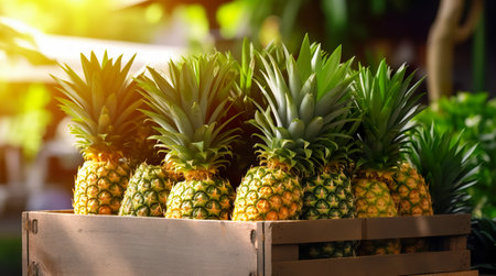 box of fresh fruits on a wooden table in a garden. Generative AIの素材