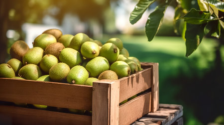 box of fresh fruits on a wooden table in a garden. Generative AIの素材