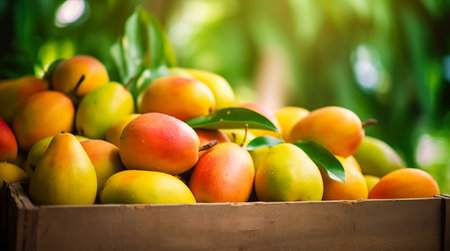 box of fresh fruits on a wooden table in a garden. Generative AIの素材