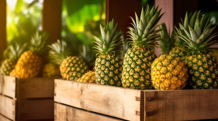 box of fresh fruits on a wooden table in a garden. Generative AIの素材
