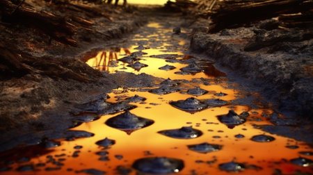 Iridescent colors abstract shapes on tar water surface of natural asphalt pit. Generative AIの素材