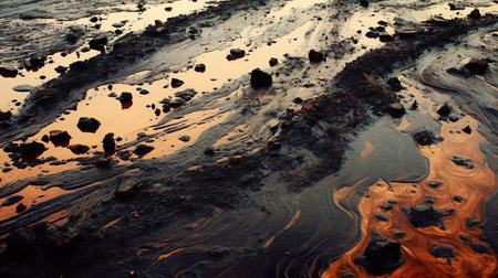 Iridescent colors abstract shapes on tar water surface of natural asphalt pit. Generative AIの素材