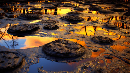 Iridescent colors abstract shapes on tar water surface of natural asphalt pit. Generative AIの素材