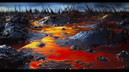 Iridescent colors abstract shapes on tar water surface of natural asphalt pit. Generative AIの素材