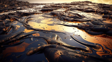 Iridescent colors abstract shapes on tar water surface of natural asphalt pit. Generative AIの素材