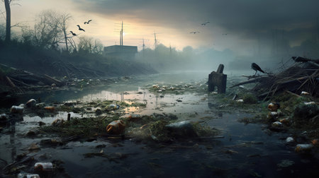 Water pollution in river because industrial not treat water before drain. Generative AIの素材
