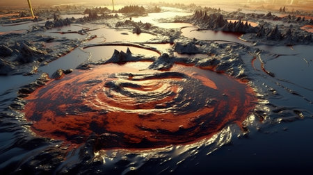 Iridescent colors abstract shapes on tar water surface of natural asphalt pit. Generative AIの素材