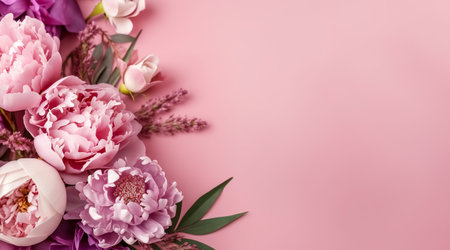 Abstract floral backdrop of pink flowers for spring or summer time. Banner background with copy space. Generative AIの素材