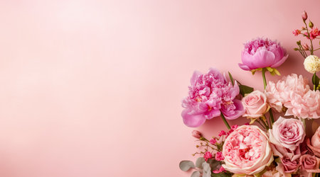 Abstract floral backdrop of pink flowers for spring or summer time. Banner background with copy space. Generative AIの素材