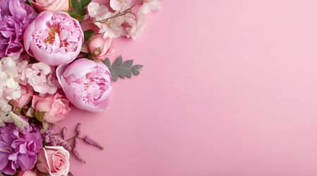 Abstract floral backdrop of pink flowers for spring or summer time. Banner background with copy space. Generative AIの素材