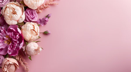 Abstract floral backdrop of pink flowers for spring or summer time. Banner background with copy space. Generative AIの素材