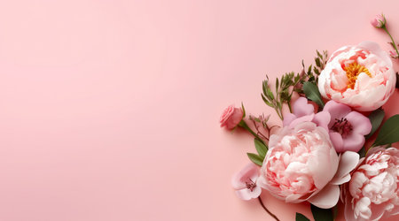 Abstract floral backdrop of pink flowers for spring or summer time. Banner background with copy space. Generative AIの素材