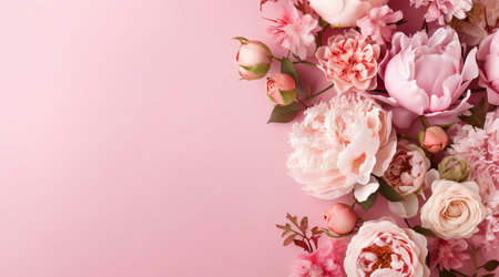 Abstract floral backdrop of pink flowers for spring or summer time. Banner background with copy space. Generative AIの素材
