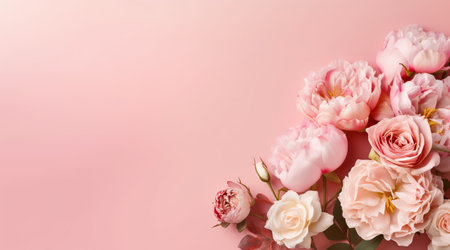 Abstract floral backdrop of pink flowers for spring or summer time. Banner background with copy space. Generative AIの素材