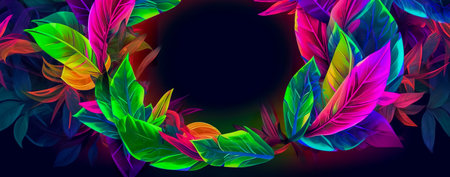 natural abstraction background banner leaves neon colors. Generative AIの素材
