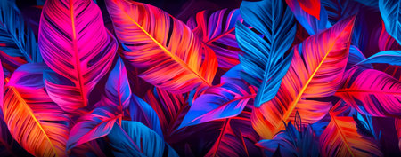 natural abstraction background banner leaves neon colors. Generative AIの素材