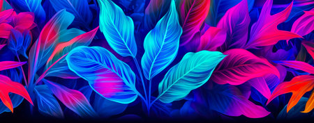 natural abstraction background banner leaves neon colors. Generative AIの素材