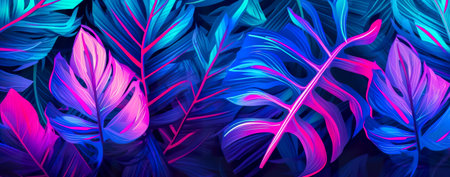 natural abstraction background banner leaves neon colors. Generative AIの素材