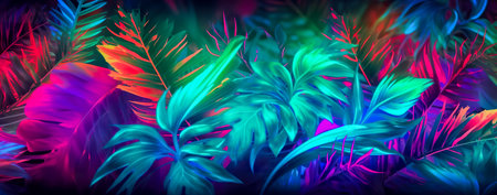 natural abstraction background banner leaves neon colors. Generative AIの素材