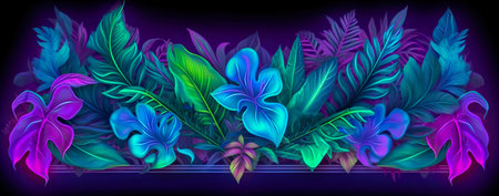 natural abstraction background banner leaves neon colors. Generative AIの素材