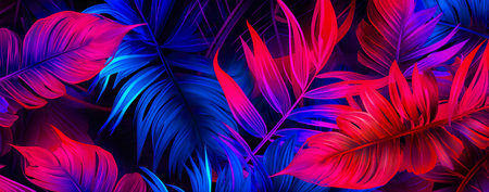natural abstraction background banner leaves neon colors. Generative AIの素材