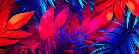 natural abstraction background banner leaves neon colors. Generative AIの素材