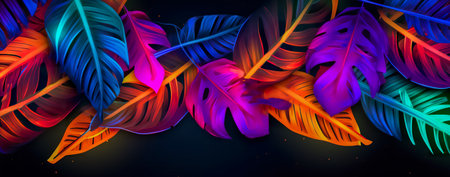 natural abstraction background banner leaves neon colors. Generative AIの素材