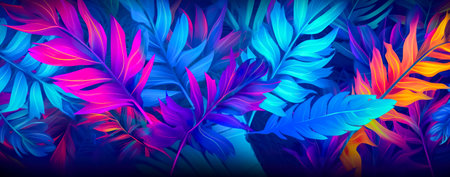 natural abstraction background banner leaves neon colors. Generative AIの素材