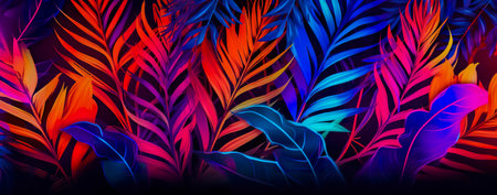 natural abstraction background banner leaves neon colors. Generative AIの素材