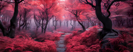 Autumn forest nature. Vivid morning in colorful forest with sun rays through branches of trees. Scenery of nature with sunlight. Generative AIの素材
