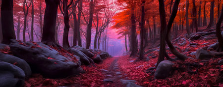 Autumn forest nature. Vivid morning in colorful forest with sun rays through branches of trees. Scenery of nature with sunlight. Generative AIの素材