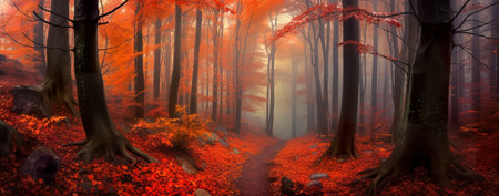 Autumn forest nature. Vivid morning in colorful forest with sun rays through branches of trees. Scenery of nature with sunlight. Generative AIの素材