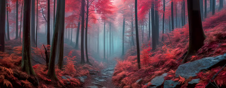 Autumn forest nature. Vivid morning in colorful forest with sun rays through branches of trees. Scenery of nature with sunlight. Generative AIの素材