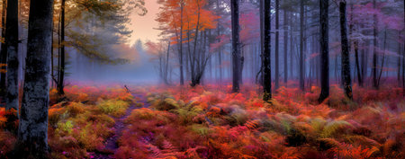 Autumn forest nature. Vivid morning in colorful forest with sun rays through branches of trees. Scenery of nature with sunlight. Generative AIの素材
