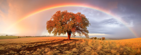 Bright rainbow column over a green field and forest. Rainbow after the rain. Summer landscape. Generative AIの素材